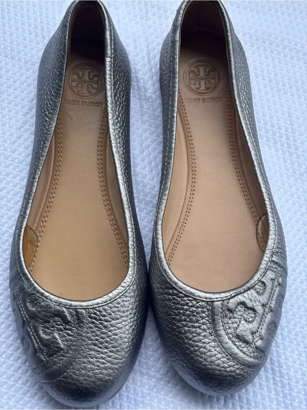 Tory Burch Metallic Silver Leather Ballet Flats